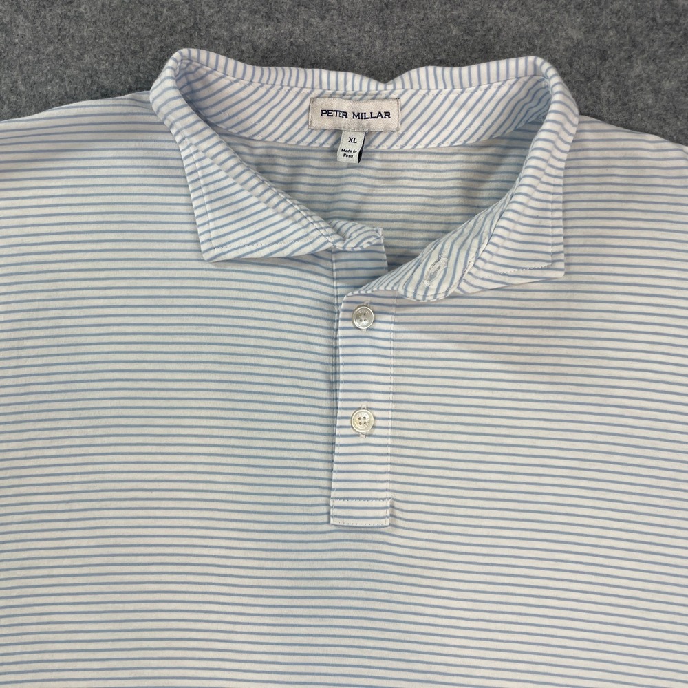 Peter Millar Mens Polo Shirt XL White, Blue Striped Short Sleeve Golf